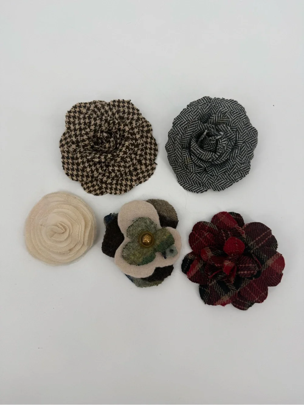 Lot of 5 Fabric Flower Brooches Plaid Houndstooth Tweed Pins Handmade Rosettes